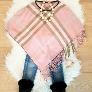 PINK Plaid Toddler Girl Fringe Poncho, Thanksgiving, Christmas gift for her